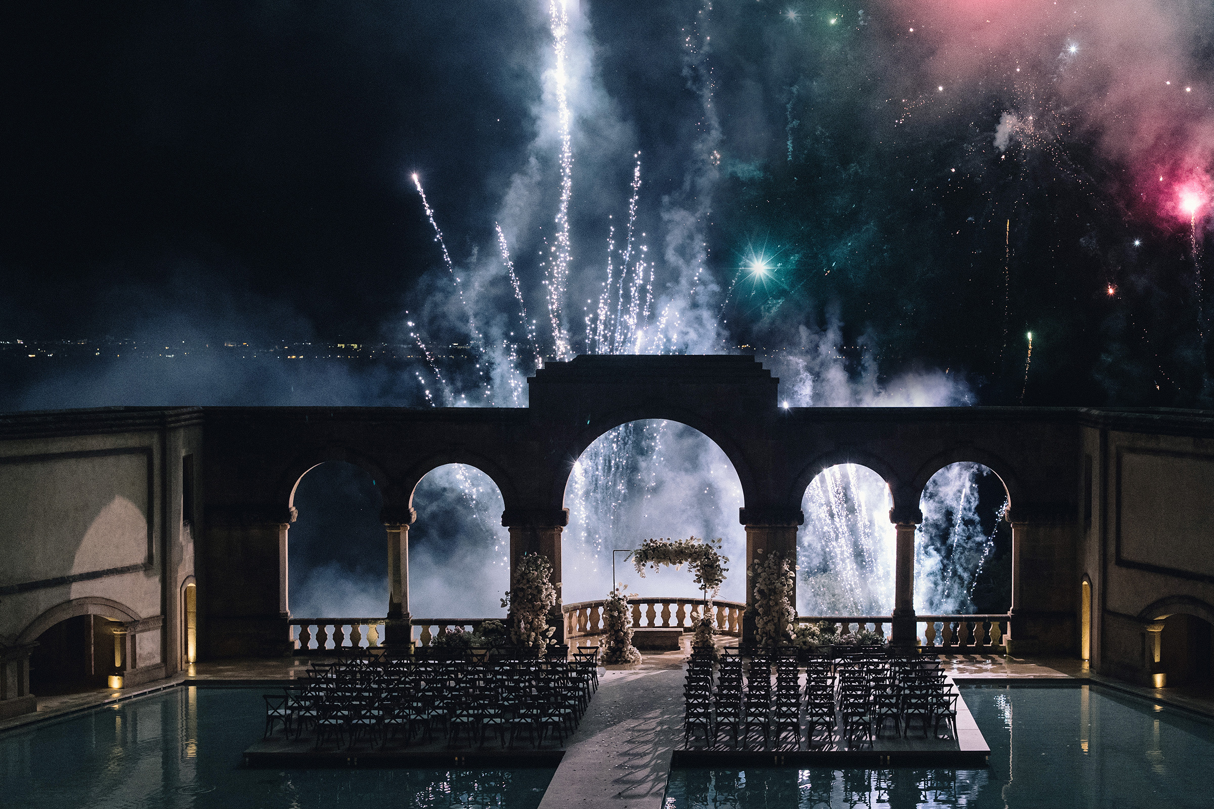 fireworks at la fortaleza mallorca luxury wedding venue by photographer maria hibbs