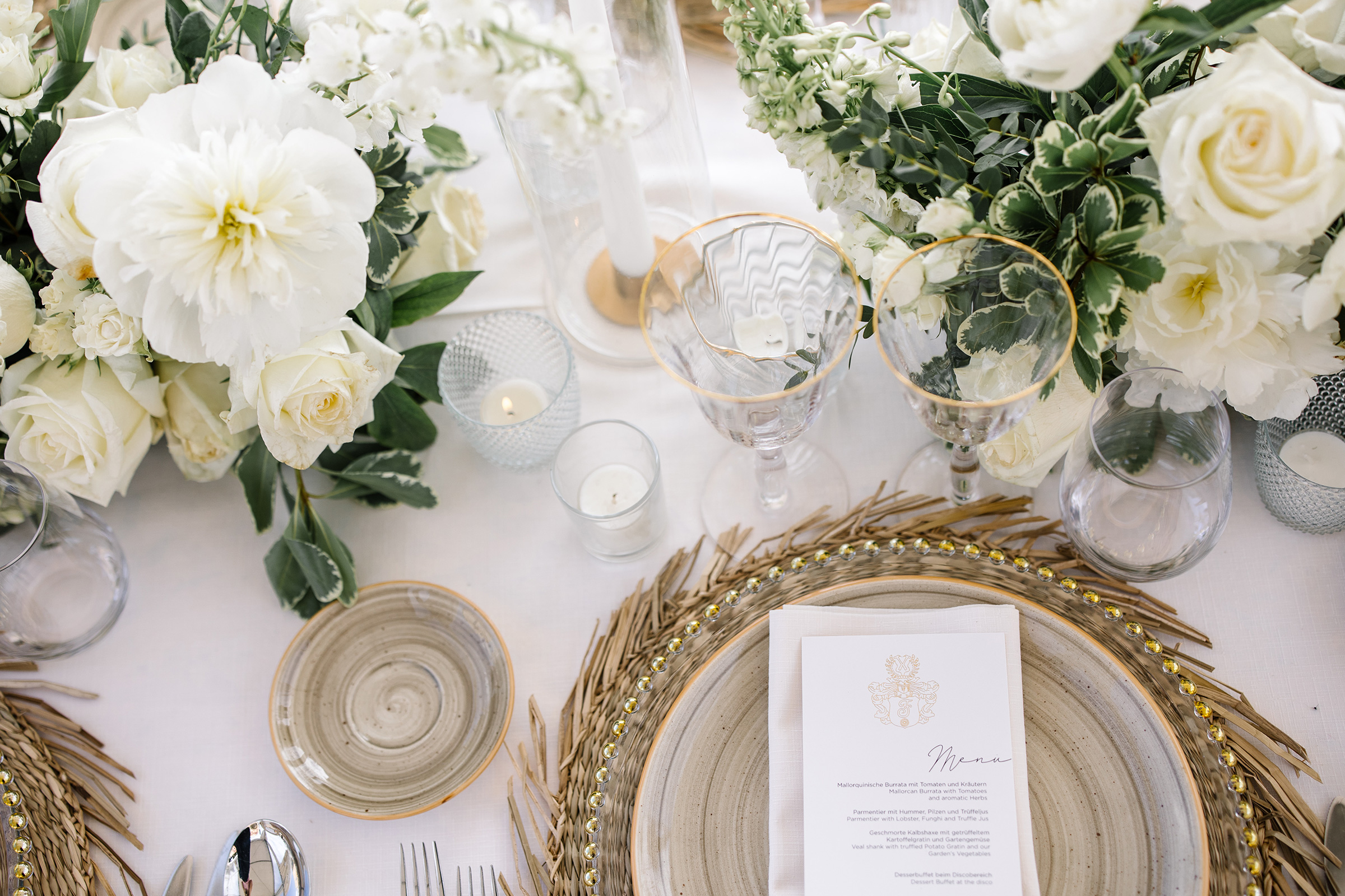 Luxury Wedding Table Setting in Gold White and Green by Mallorca Princess at La Fortaleza